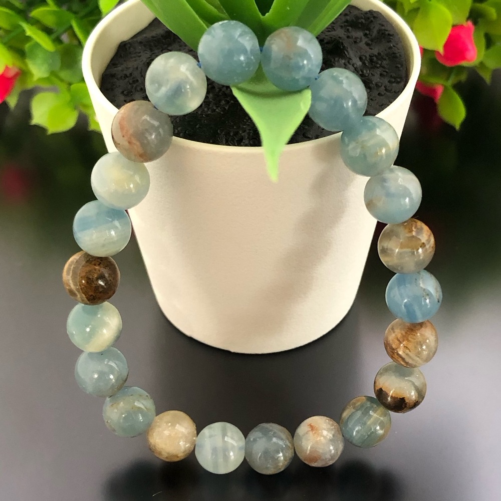 Aquatine Blue Calcite 8mm Natural Stone Beads Stretchable Bracelet - Picture 2 of 2
